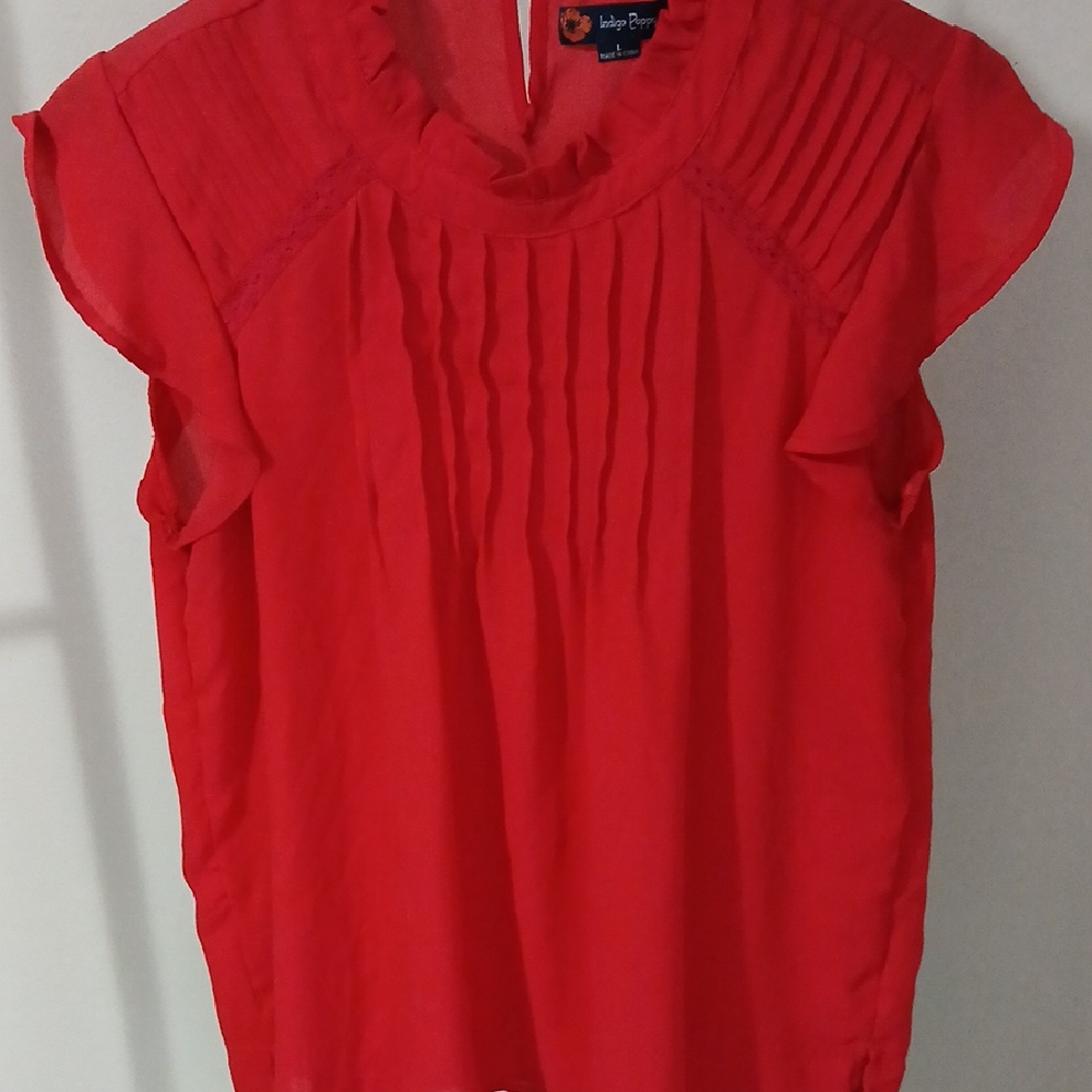 Red Pleated Blouse with Cap Sleeves and Bib Collar